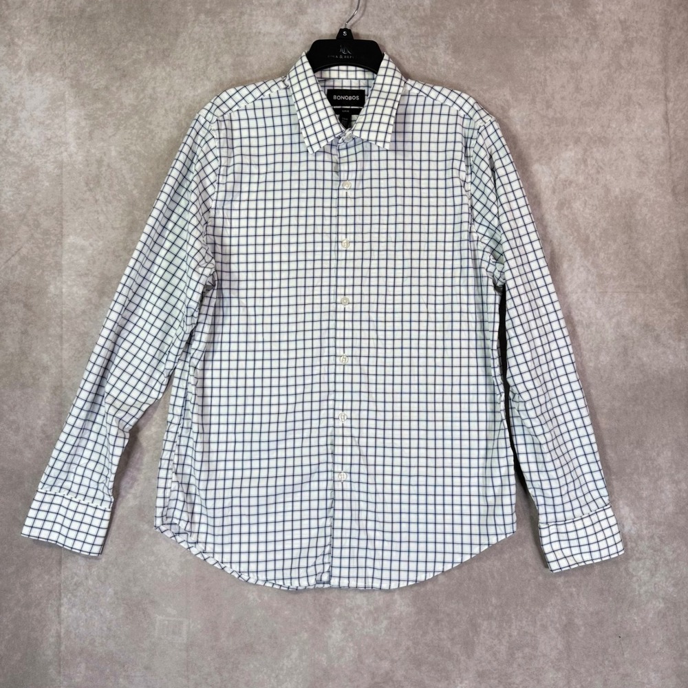 Bonobos Button Down Shirt Mens L White Navy Grid Slim Fit Performance Stretch
